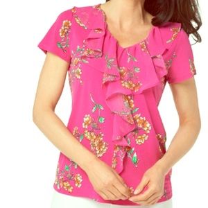 Susan Graver Printed Top Chiffon Ruffles, V-neck